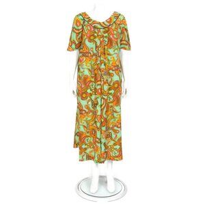 Vtg Made in Hawaii Maxi Dress Floral Psychedelic 60s 70s Bright Green Muumuu 125